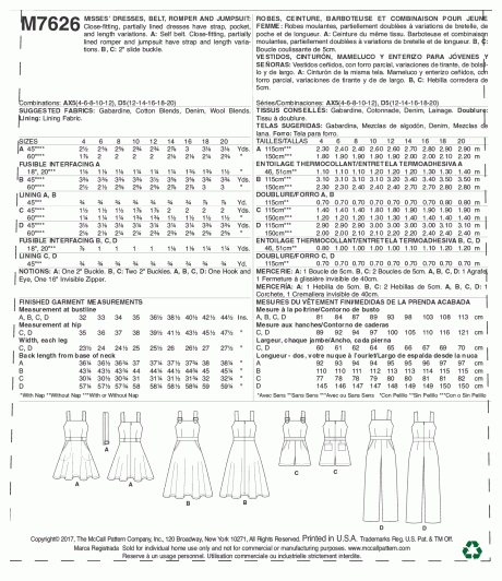 M7626 Misses' Dresses, Belt, Romper, and Jumpsuit with Pockets