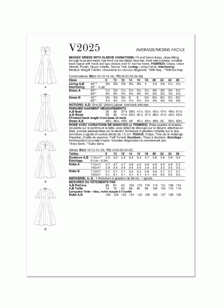 V2025 Misses' Dress with Sleeve Variations