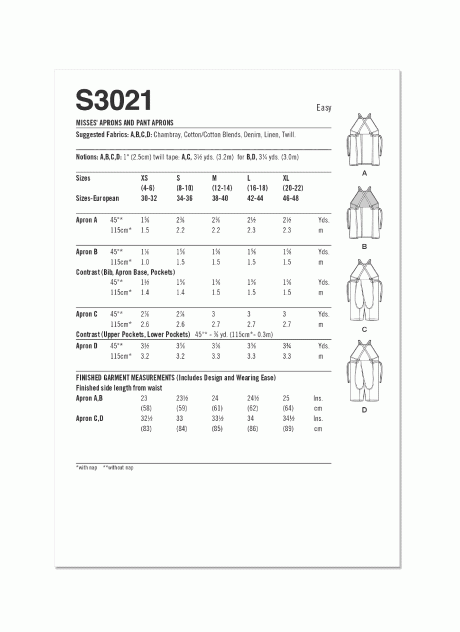 S3021 Misses' Aprons and Pant Aprons