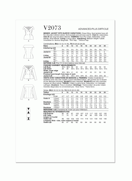 V2073 Misses' Jacket with Sleeve Variations